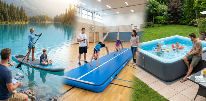 Drop stitch inflatable products including paddleboard, airtrack, and rigid pool in one scene