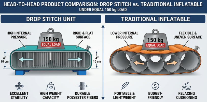 Drop stitch versus traditional inflatable under load showing rigidity and shape difference
