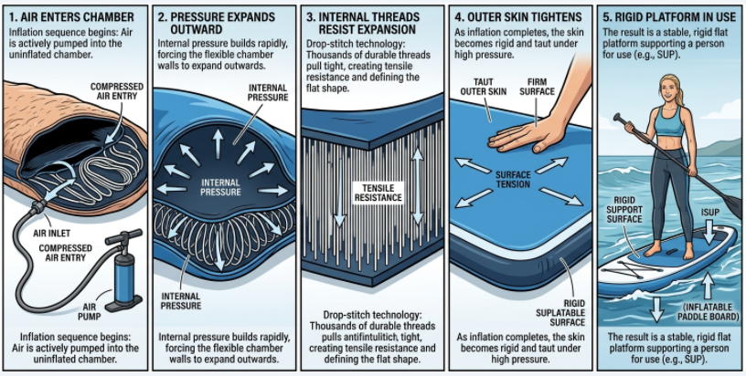 Step by step process of how drop stitch inflatables become flat, firm, and weight-bearing