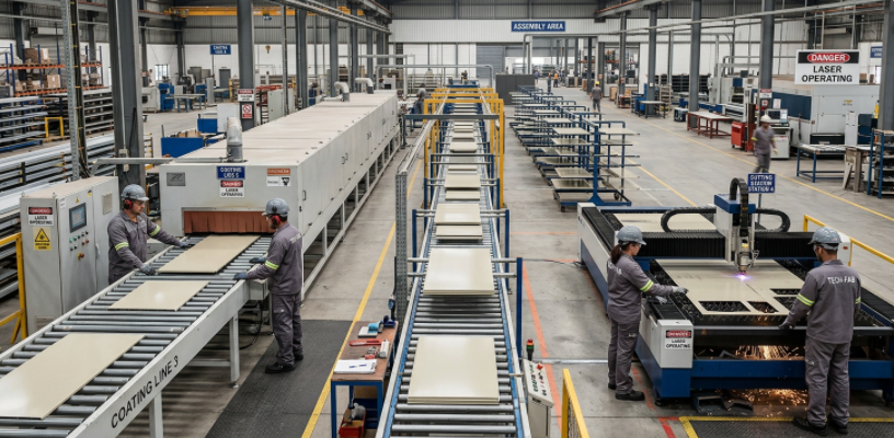 Factory production line for coated drop stitch panels and precision inflatable assembly