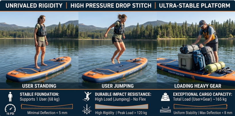 Drop stitch inflatable strength and rigidity under heavy use and high pressure
