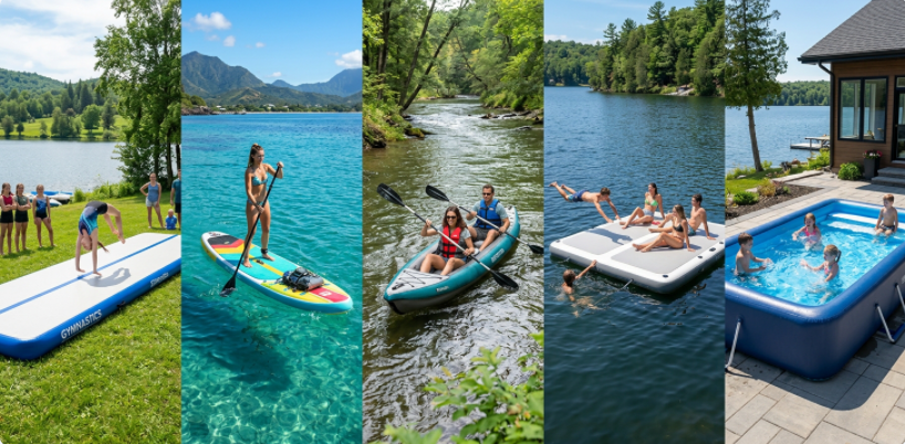 Types of drop stitch inflatables including airtrack, paddleboard, kayak, dock, and pool