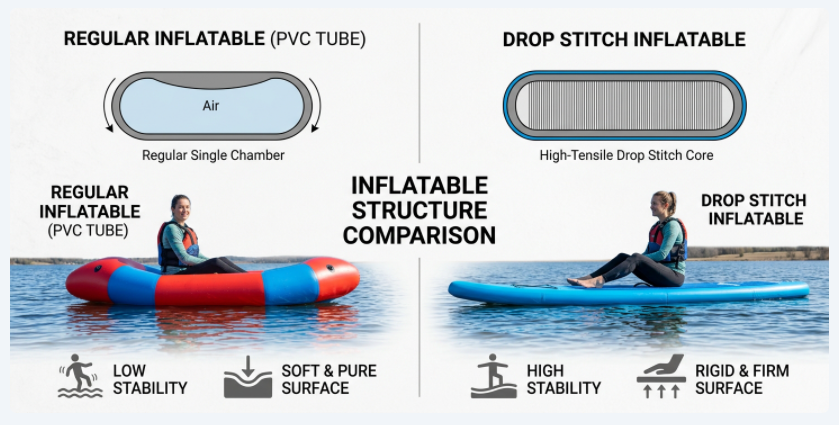 Drop stitch vs regular inflatable shape comparison showing flat rigidity versus rounded softness