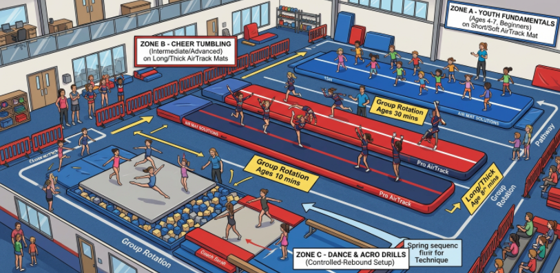 Air track selection by gym activity, skill level, and training lane requirements