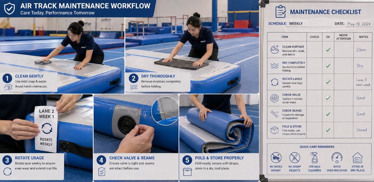Air track maintenance routine with cleaning, drying, rotation, and valve and seam inspections