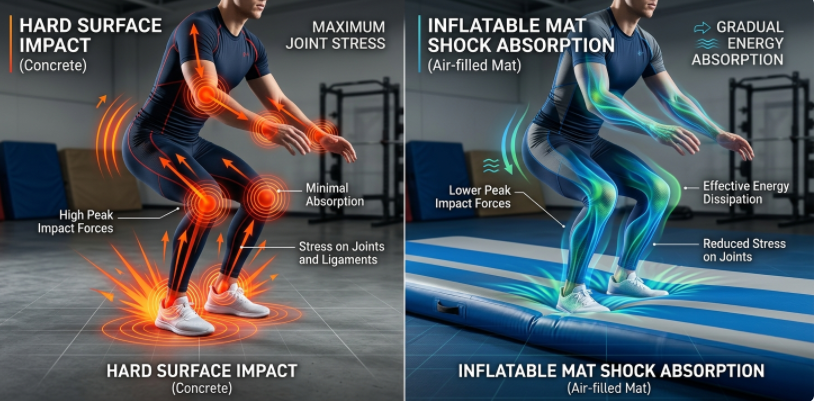 Inflatable gymnastics mat shock absorption reducing joint impact during landings
