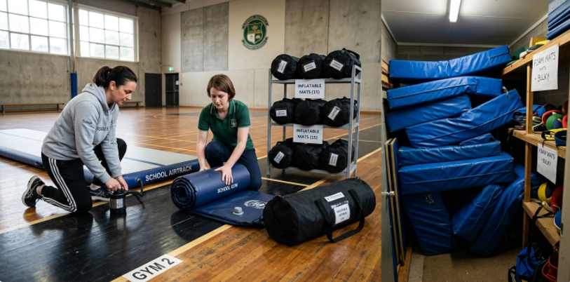 Deflated inflatable mats stored compactly compared with bulky traditional foam mats