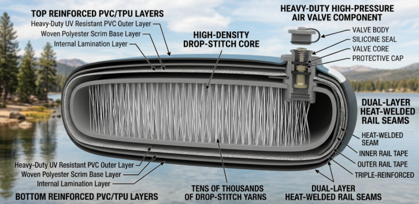 Durable inflatable mat construction with drop stitch core and reinforced seams