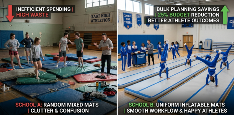 Comparison of unplanned mat purchasing versus strategic bulk buying for schools