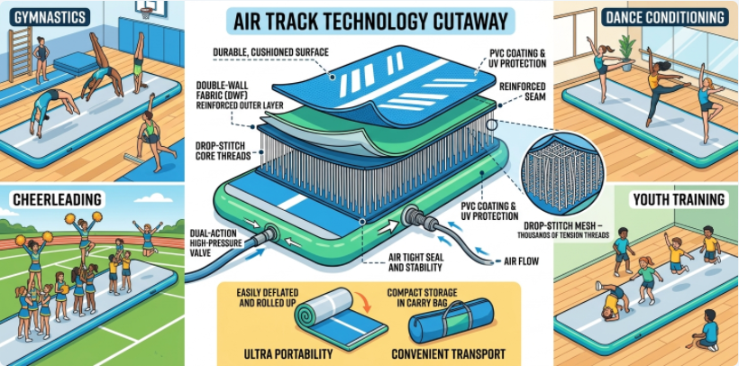 Air track construction and benefits including drop stitch core, cushioning, and multi-sport gym use