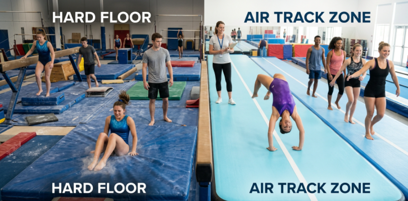 Air tracks improving gym safety, athlete confidence, and training quality compared with hard floors