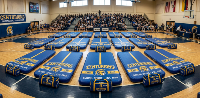 Customized school inflatable mats with team colors logos and branded accessories