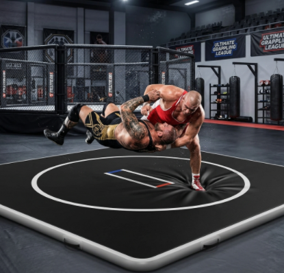 Two heavyweight athletes performing a high-amplitude throw on an inflatable BJJ mat.