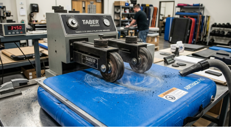 Abrasion testing to ensure the anti-slip texture on inflatable wrestling mats does not wear off over time