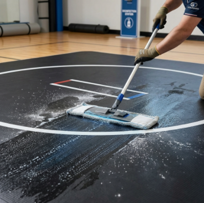 Proper cleaning and maintenance of a textured anti-slip inflatable grappling mat.