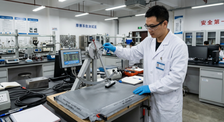 Third-party laboratory testing the dynamic friction coefficient of inflatable wrestling mat PVC material