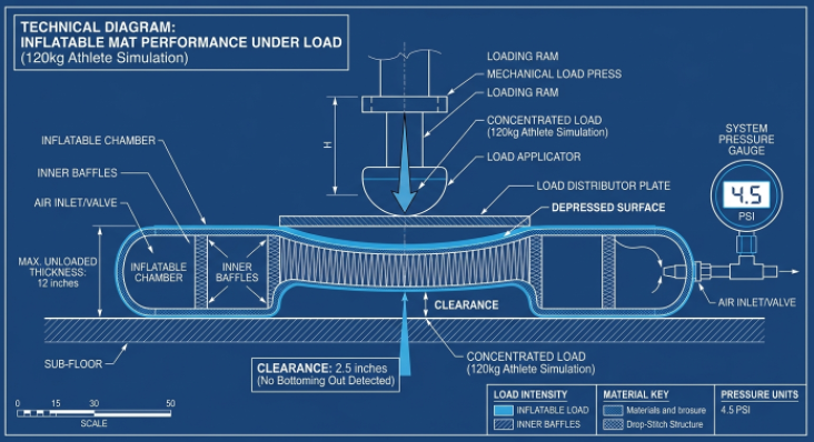 Dynamic load testing on a 20cm inflatable wrestling mat to measure bottoming-out threshold