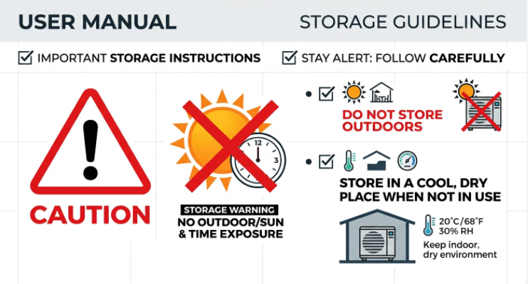 Manufacturer's caution labels for outdoor storage and maintenance of inflatable sports mats
