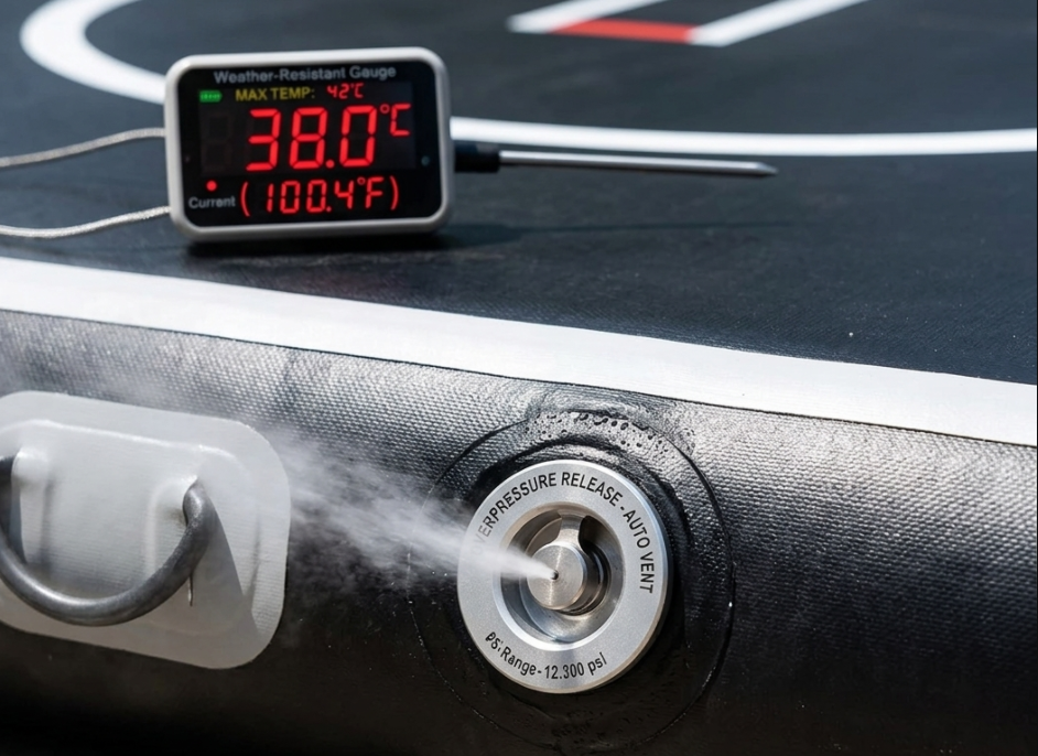 The function of a pressure relief valve in preventing mat 'explosions' during high-heat outdoor exposure