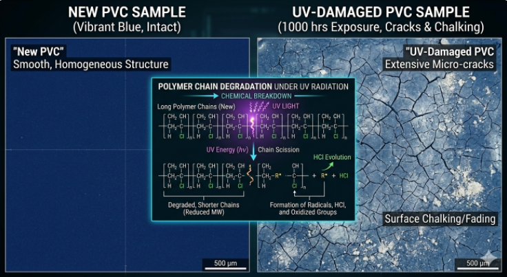 Microscopic view of UV degradation and polymer breakdown in standard vs. UV-stabilized PVC
