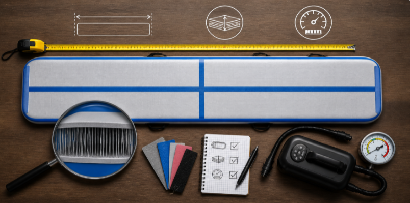 Gym owner evaluation tools for choosing air tracks including measuring tape and pressure gauge