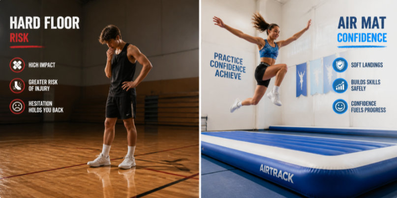 Split screen comparison showing athlete confidence on an air track versus a hard wooden floor