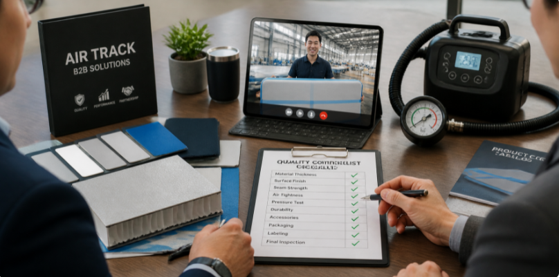 Business desk showing air track material swatches and a video call with a reliable factory supplier