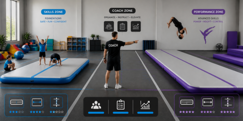 Gym layout showing different air track sizes matched to youth fundamentals and advanced tumbling