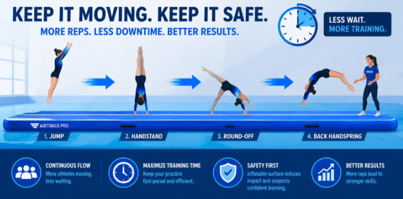 Visual demonstration of training progression and safety protocols on a long inflatable tumbling track
