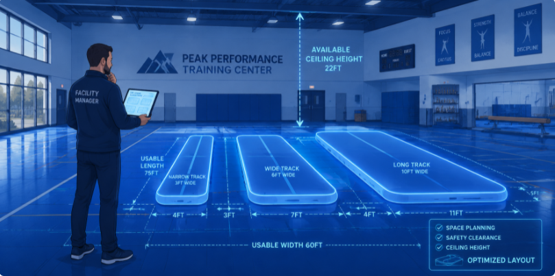 A gym manager using digital tools and physical measurements to plan the layout of different sized air tracks