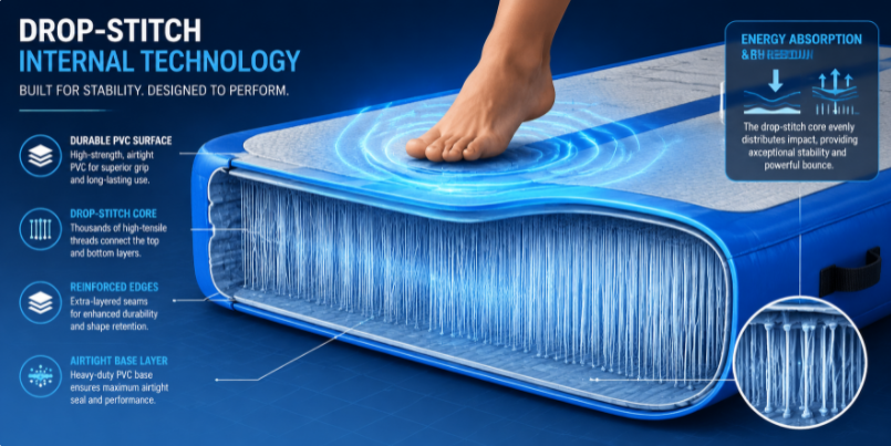 Cutaway diagram showing internal drop-stitch technology of a professional air track mat