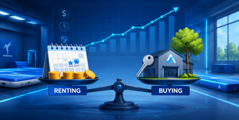 Conceptual illustration balancing the long-term investment of buying an air track versus the short-term cost of renting