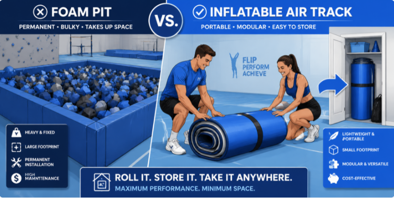 Comparison showing the portability of a rolled-up inflatable air track versus a bulky, fixed foam pit