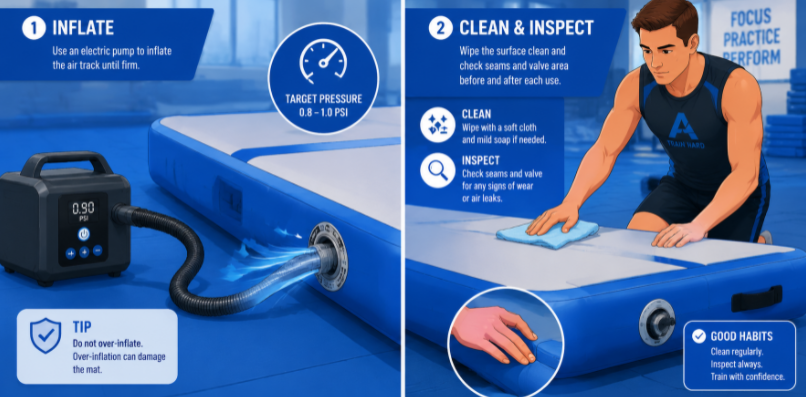 A two-part illustration showing the processes of inflating and cleaning a large commercial air track mat.