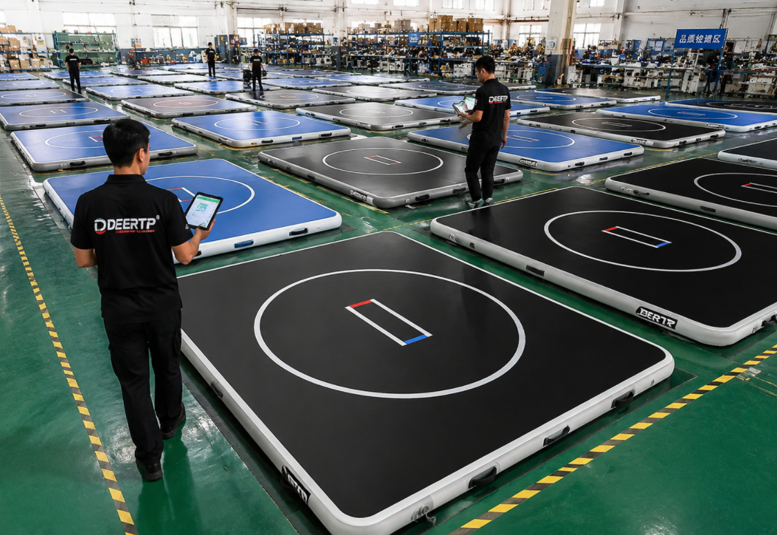 Factory-scale 48-hour air pressure retention testing for bulk inflatable wrestling mat orders in China