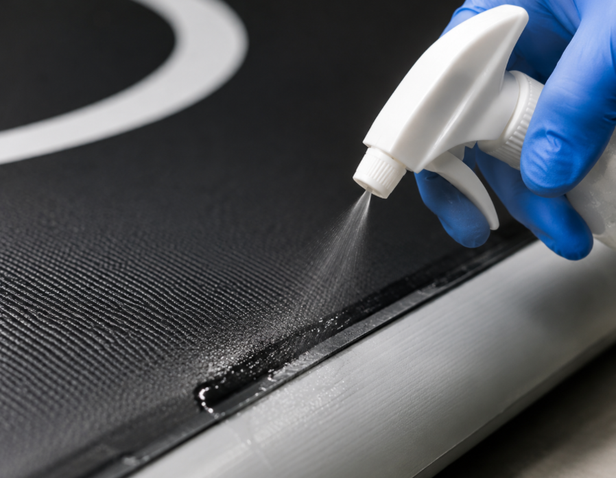 Professional soap bubble leak detection method on heat-welded seams of an inflatable MMA mat
