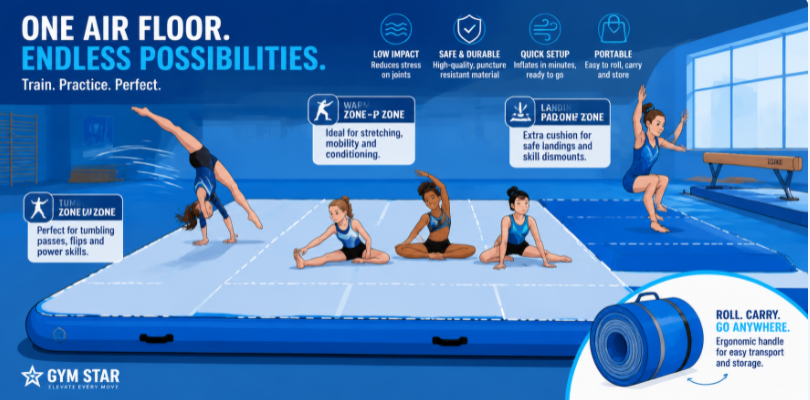 Vector illustration showing a gymnastics air floor being used for tumbling routines, low-impact landings, stretching, and showcasing its easy storage portability