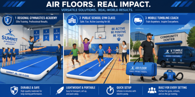 Three-panel vector infographic illustrating the application of air floors in a regional gymnastics club, a public school gym class, and a mobile training franchise