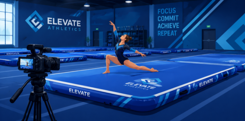 Three-panel vector infographic illustrating the application of air floors in a regional gymnastics club, a public school gym class, and a mobile training franchise