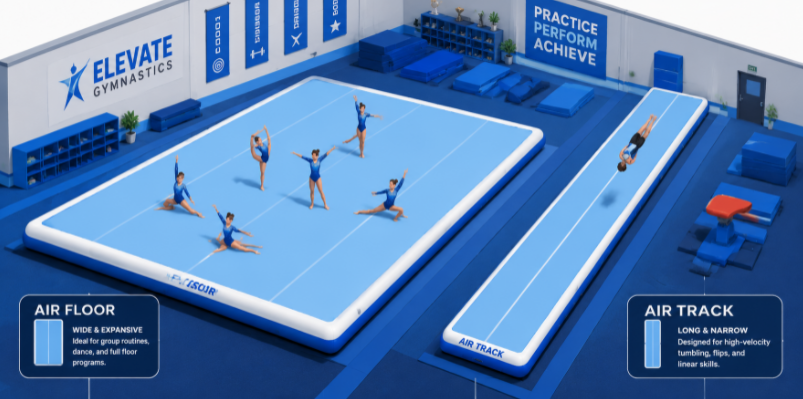 Isometric gym layout demonstrating the structural difference between a wide rectangular air floor for group routines and a long narrow air track runway for linear tumbling
