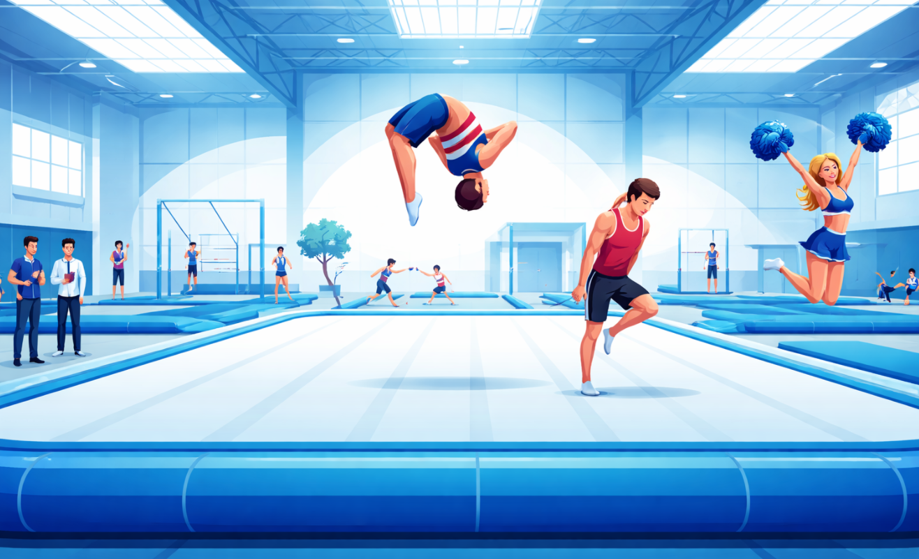 Wide-angle view of a professional gymnastics facility featuring a large high-performance inflatable air floor with diverse athletes training safely
