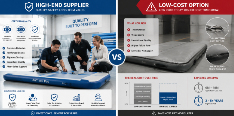 Supplier evaluation comparison showing premium versus low-cost inflatable air track quality and testing process