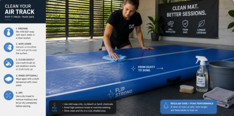 Professional step-by-step guide to locating and patching small leaks on an inflatable gymnastics air track using soapy water test and repair kit.