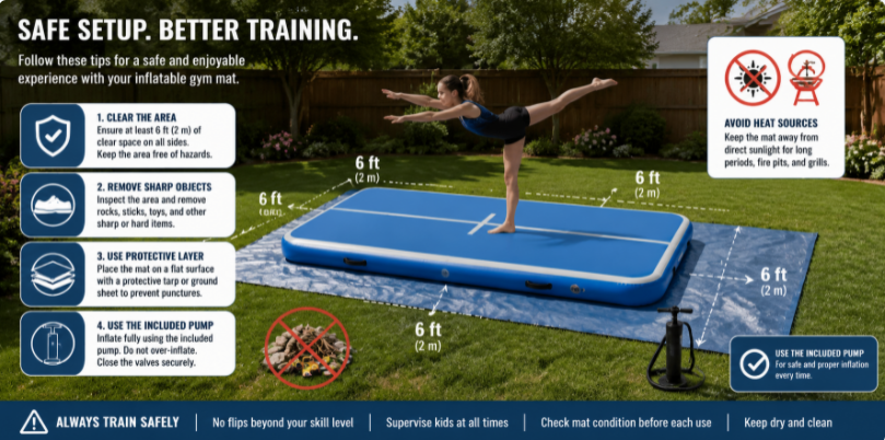 Safety tips for using inflatable gym mats outdoors on grass with proper clearance and protective measures