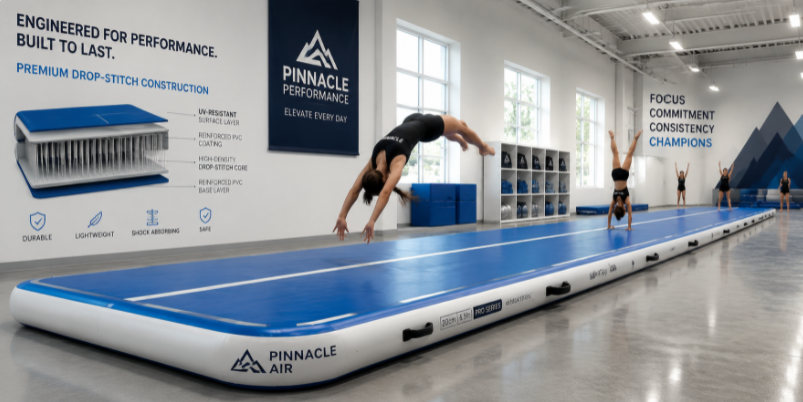 Modern gymnastics facility with athletes training on a high-quality blue inflatable air track mat, highlighting performance and professional equipment