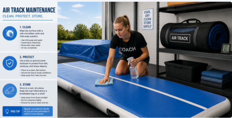 Proper daily cleaning and storage practices for a blue inflatable air track mat to ensure longevity