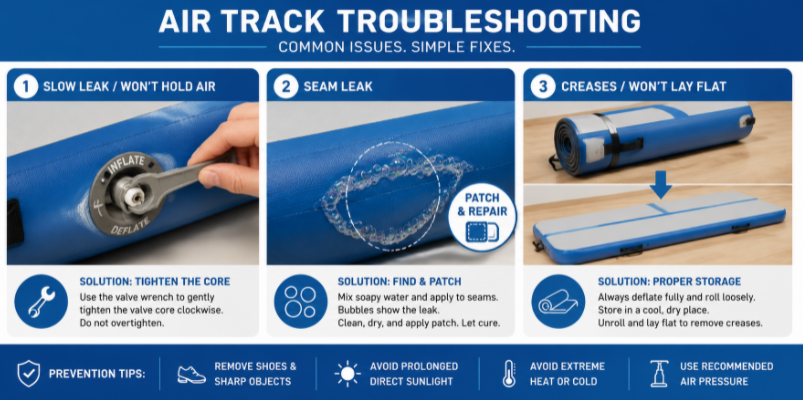 Troubleshooting guide for common air track issues including air leaks, valve tightening, and crease removal
