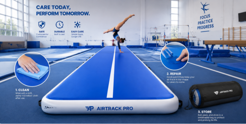 Step-by-step daily and weekly cleaning process for an inflatable air track using mild soap, soft cloths, and proper drying techniques