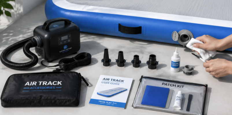 Maintenance care for inflatable air track accessories including electric pumps, valves, and repair kits for reliable long-term use