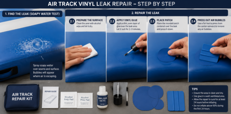 Professional step-by-step guide to locating and patching small leaks on an inflatable gymnastics air track using soapy water test and repair kit